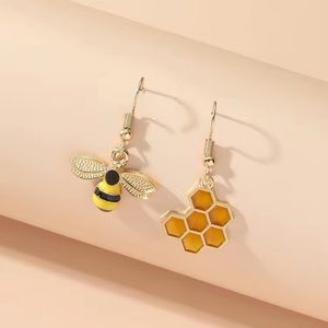 Novelty Gold Bumble Bee Honeycomb Mismatch Earrings Set Dangle Drop